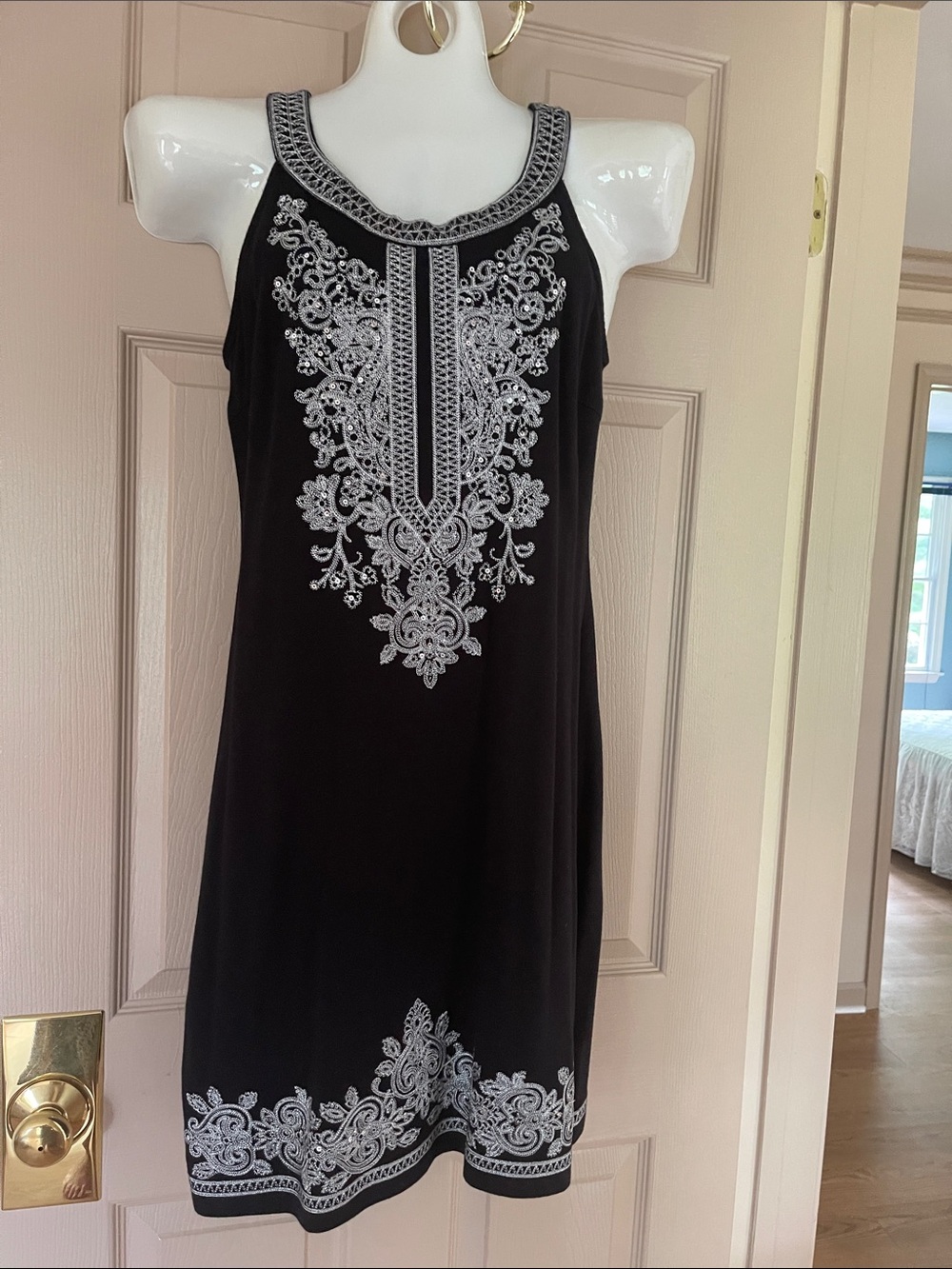 INC International Concepts Black Dress with White Embroidered Trim